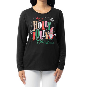 Holiday Time Womens Christmas Waffle Graphic Tee Long‎ Sleeves Black Soot Size M